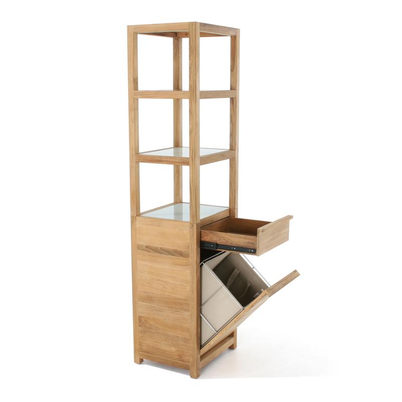 alt="18815f Pacifica teak Linen Tower angled view with top drawer lower linen drawer open on white background"