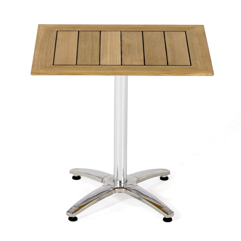 alt="70669 Vogue teak and stainless steel pub table angled side view on white background "