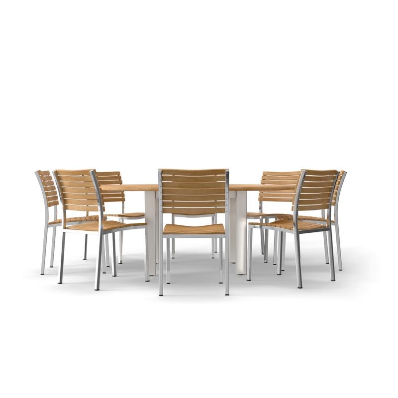 alt="70444 Vogue Teak Dining Set for 8 of  Vogue 6 ft Round Table and 8 Vogue Side Chairs in side view on white background"