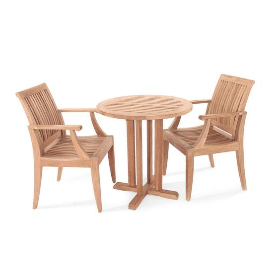 70298 Laguna Teak 3 pc Bistro Set of a Teak Bistro 30 inch Round Table and 2 Laguna Teak Dining Armchairs in angled top view on a white background