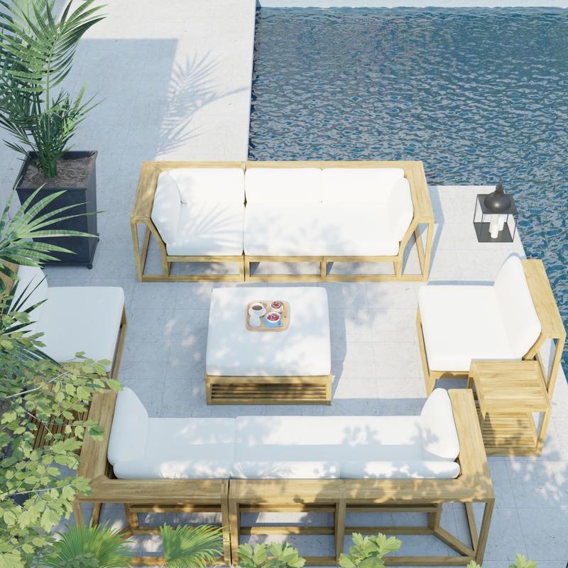 alt="70753 Maya 7 pc Twin Sofa Set in aerial view on pool deck next to a potted plant and lantern next to a pool"