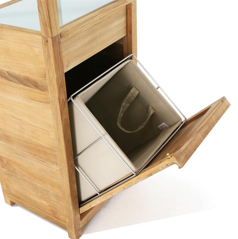 alt="18815f Pacifica teak Linen Tower closeup of linen drawer open on white background"