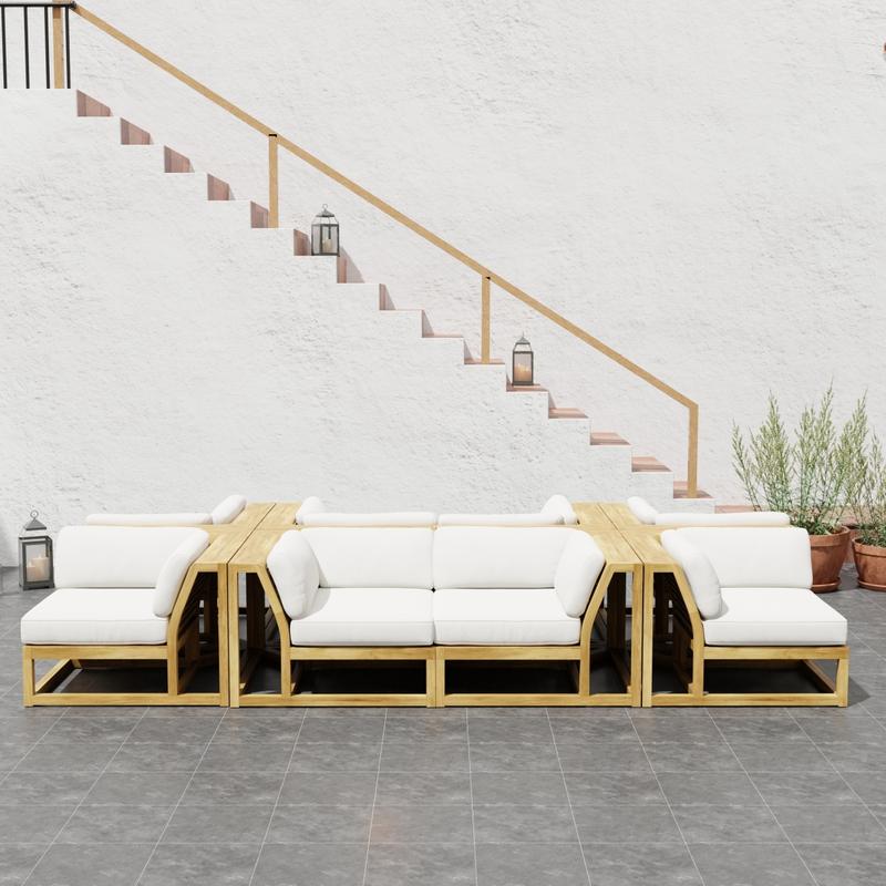 alt="70280 Maya 8 piece Lounge Set of 8 Maya Corner Sectionals in front view on patio with staircase to house in background"