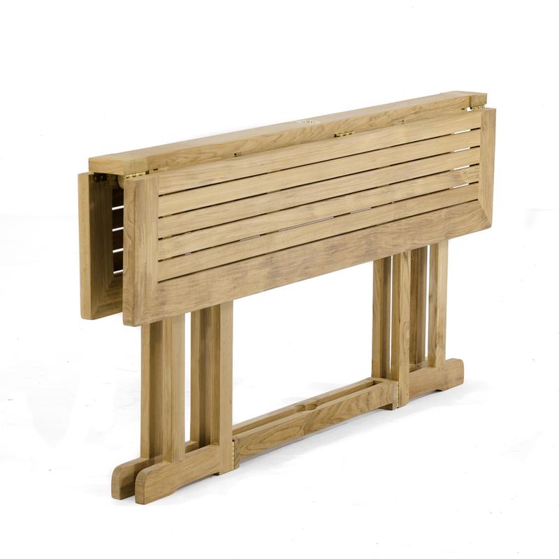 alt="70605 Vogue Nevis 60 inch rectangular folding table end angled showing both sides folded down for storage on white background"