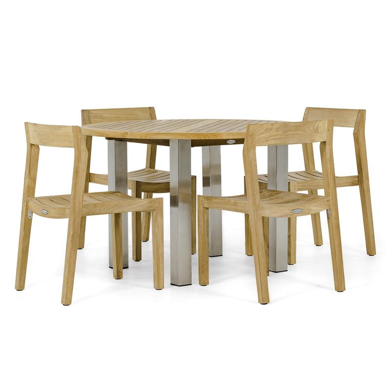 alt="70738 Vogue Horizon 5 piece teak and stainless steel 5 piece Dining Set of 4 teak chairs and a teak and stainless steel 48 inch round dining table side view on white background"