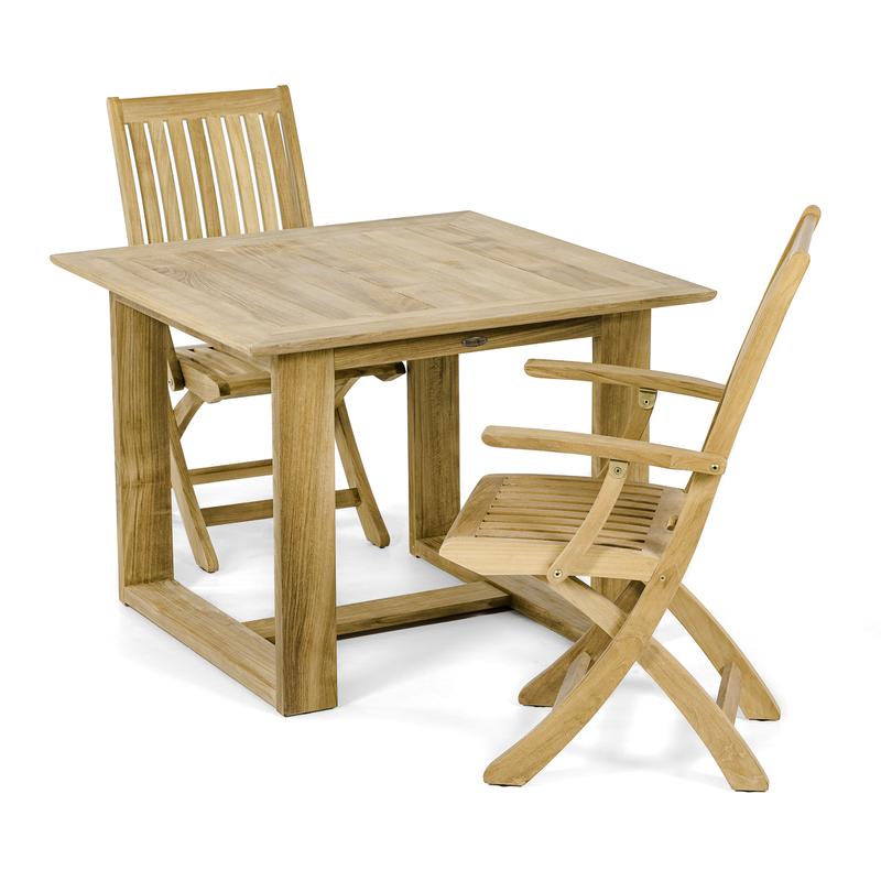 alt="70584 Horizon Barbuda teak 3 piece Dining Set of Horizon teak 39 inch square dining table and 2 Barbuda teak folding dining chairs on white background"
