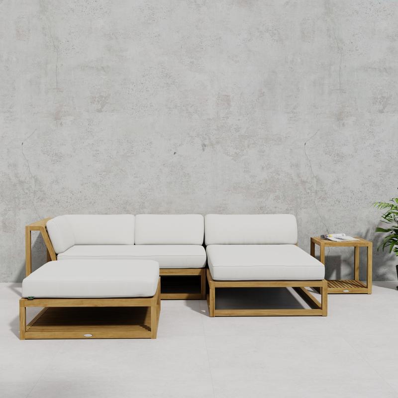 alt="70658 Maya 4pc Lounge Set of Maya Right Side and Daybed Sectionals and Ottoman Coffee Table and Side Table with opened magazine on top on patio against a wall with potted plant"