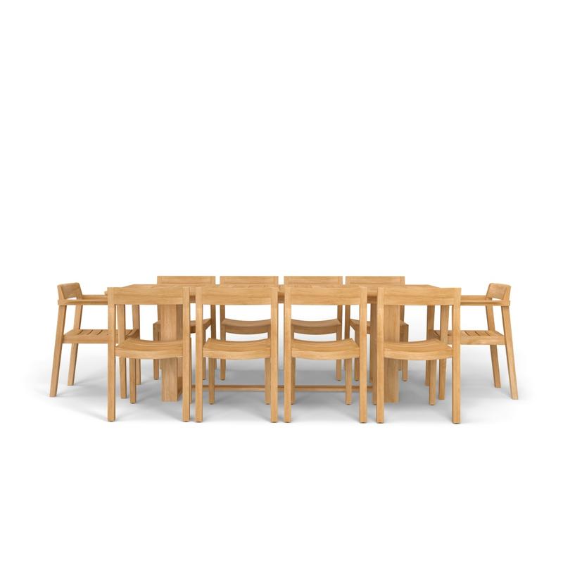 alt="70457 Horizon 11 pc Teak Dining Set of Horizon Rectangular Teak DIning Table and 2 Teak Dining Armchairs and 8 Teak Side Chairs in side profile view on white background"