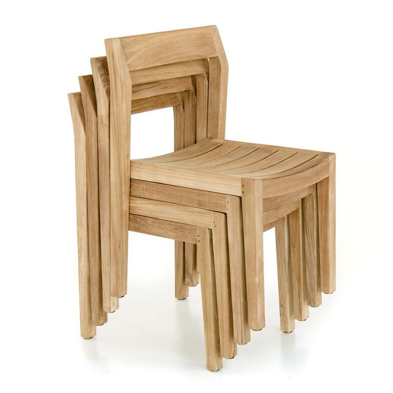 alt="70477 Horizon Pyramid teak side chair stacked 4 high angled on white background"