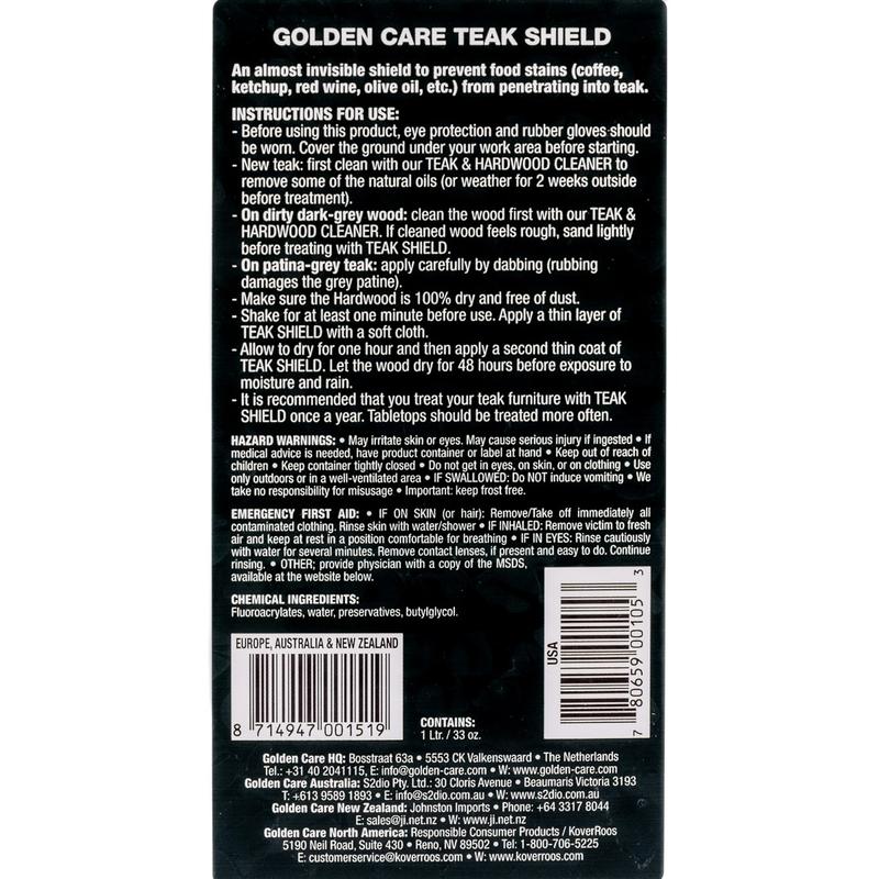 alt="30103 Golden Care Teak Shield 1 liter bottle label instructions on back of the Golden care teak Shield bottle on white background"