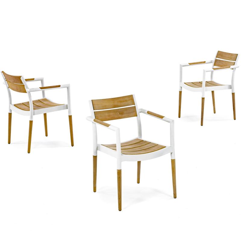 alt="70448 Bloom aluminum and teak dining chair showing 3 in side view and angled rear view and front angled view on white background "