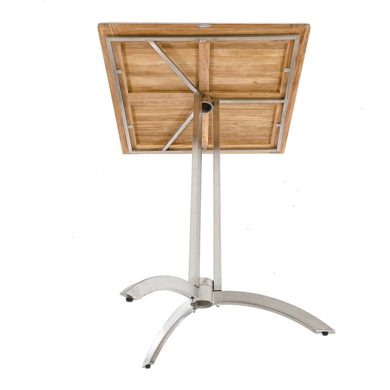 alt="70075 Vogue teak and stainless steel 30 inch square bar table underside table view on white background"