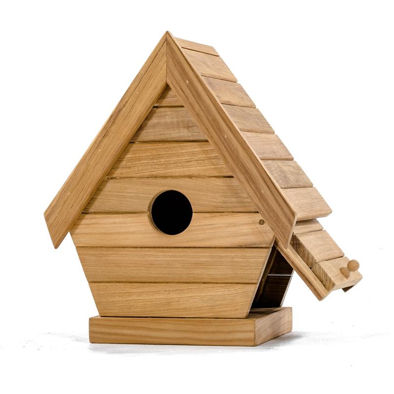 alt="19003 teak bird house front view with side opened on white background"