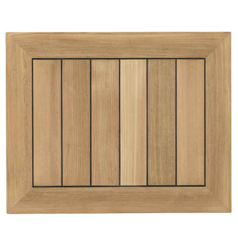 alt="70642 Vogue Laguna rectangular teak and stainless steel bar table aerial view of table top on white background"