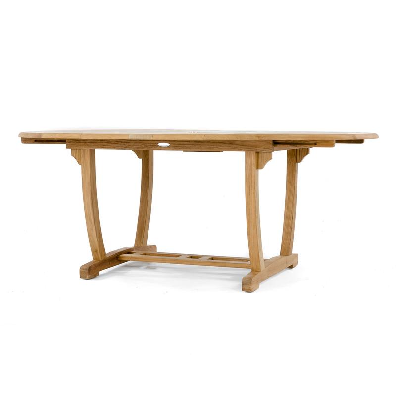 alt="15548 Martinique Oval teak dining extendable table angled side view on white background"