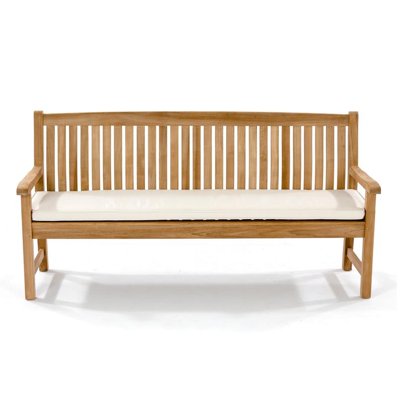 alt="13883 Veranda 6 foot long Teak Bench front view with canvas color optional cushion on seat  on white background"