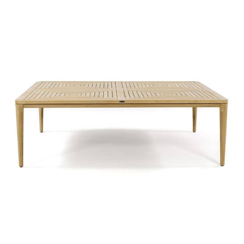 alt="70896 Veranda Sussex square teak table side view on white background"