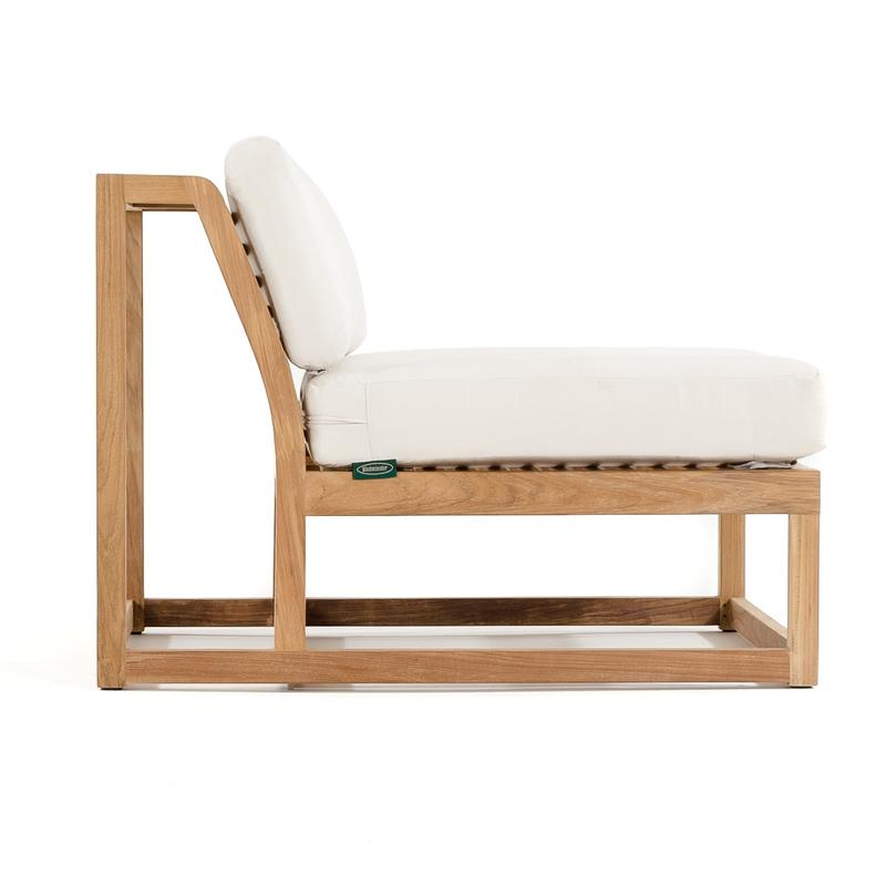 alt="70797 maya deep seating teak slipper chair with cushions side view on a white background"