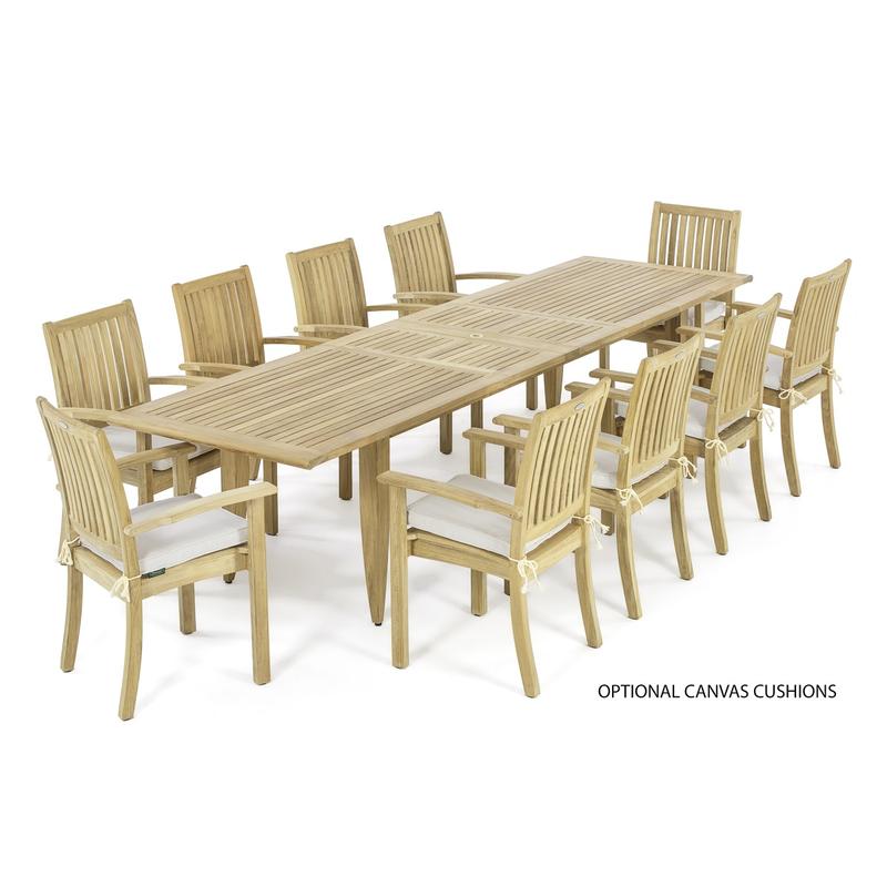 alt="70772 Laguna Sussex 11 piece Teak Dining Set of 10 Sussex stacking chairs with optional canvas cushions and Rectangular Teak Dining Table side angled on white background"