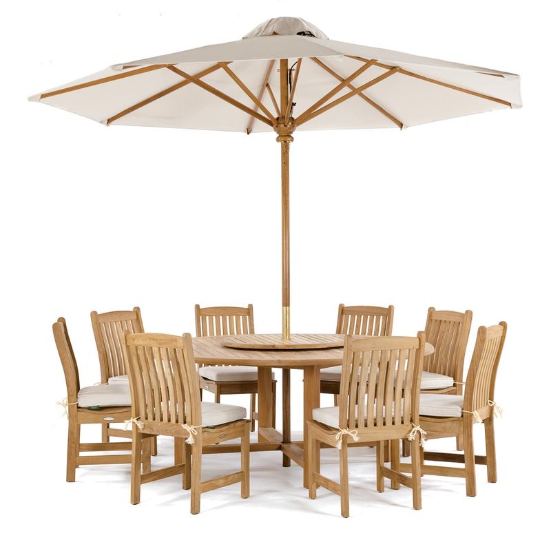 alt="70020 9 piece Buckingham Veranda Teak Dining Set with optional 10 foot round umbrella on white background"