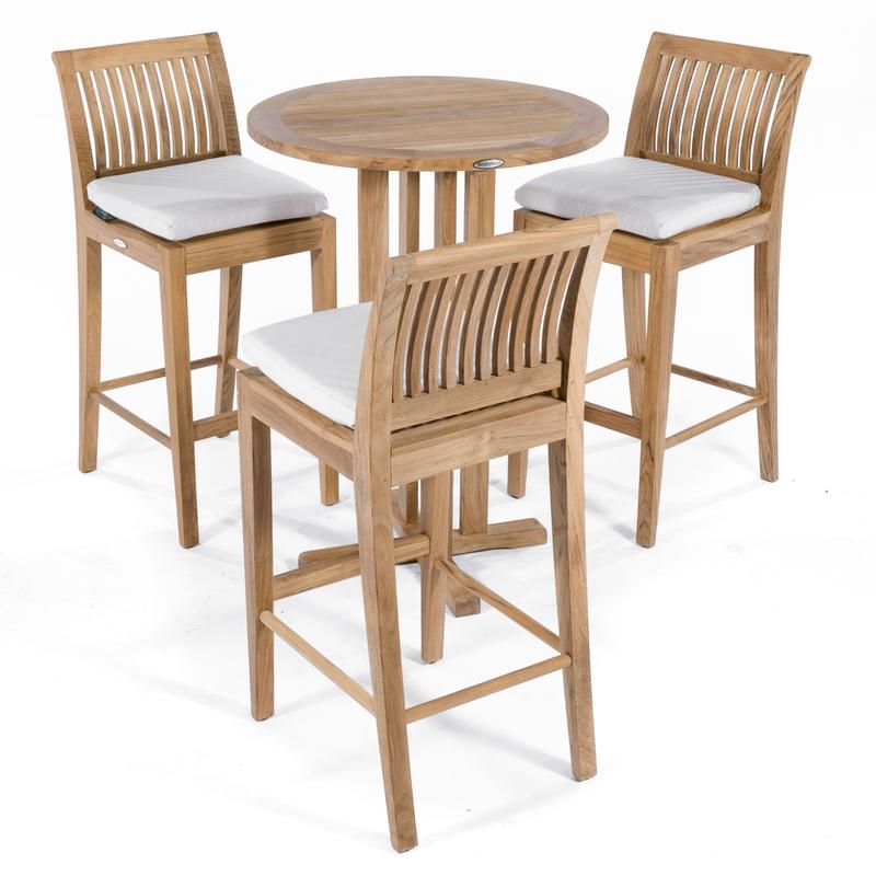 alt="70503 Laguna Pub Set showing 3 barstools with cushions around teak bar table on white background"