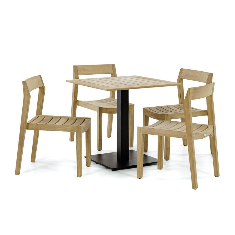 alt="70695 Vogue Horizon 5 piece Cafe Set of 4 teak chairs and a 30 inch square teak and steel table side view on white background"