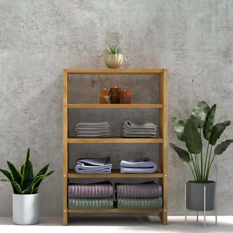 alt="18221 Teak 48 inch Storage Shelf in front view between 2 potted plants against a wall with a potted plant on top of shelf and set of candles and folded towels on the 3 lower shelves"