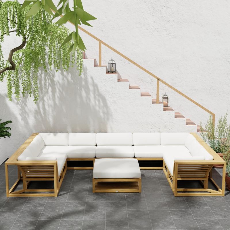 alt="70755 Maya 6pc Lounge Set with cushions in U shape in angled front view on patio with staircase of house in the  background"