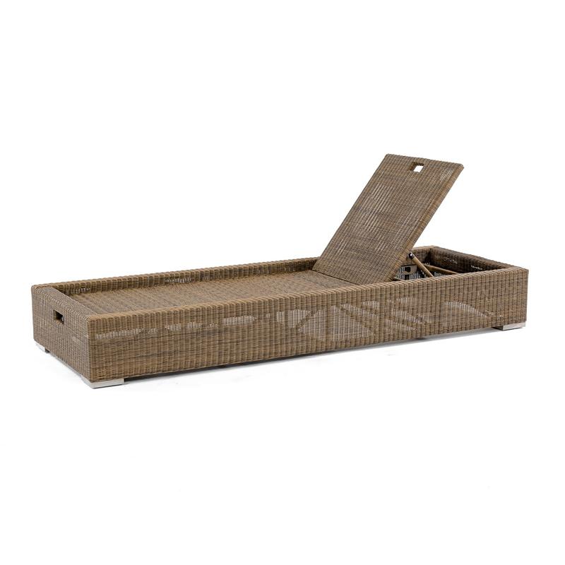 alt="30002dp Malaga synthetic wicker chaise lounger frame back upright position left side angled on white background"