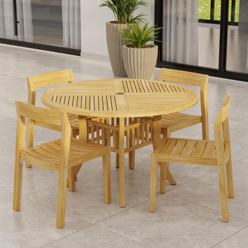 alt="70573 Grand Hyatt Horizon Dining Set of Grand Hyatt 48 inch Round Dining Table and 4 Teak Horizon Dining Side Chairs on patio with potted plants and glass door in background  "