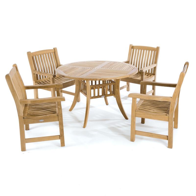 alt="70159 Hyatt Veranda 5 piece teak Dining Set of 4 armchairs and round 48 inch diameter table angled aerial view on white background "