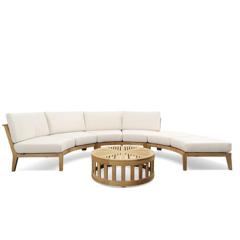 alt="70934 Kafelonia 4 piece Curved Sofa Sectional Set of 2 curved sofa sectionals and a curved backless sofa sectional and 36 inch teak coffee table front view on white background"