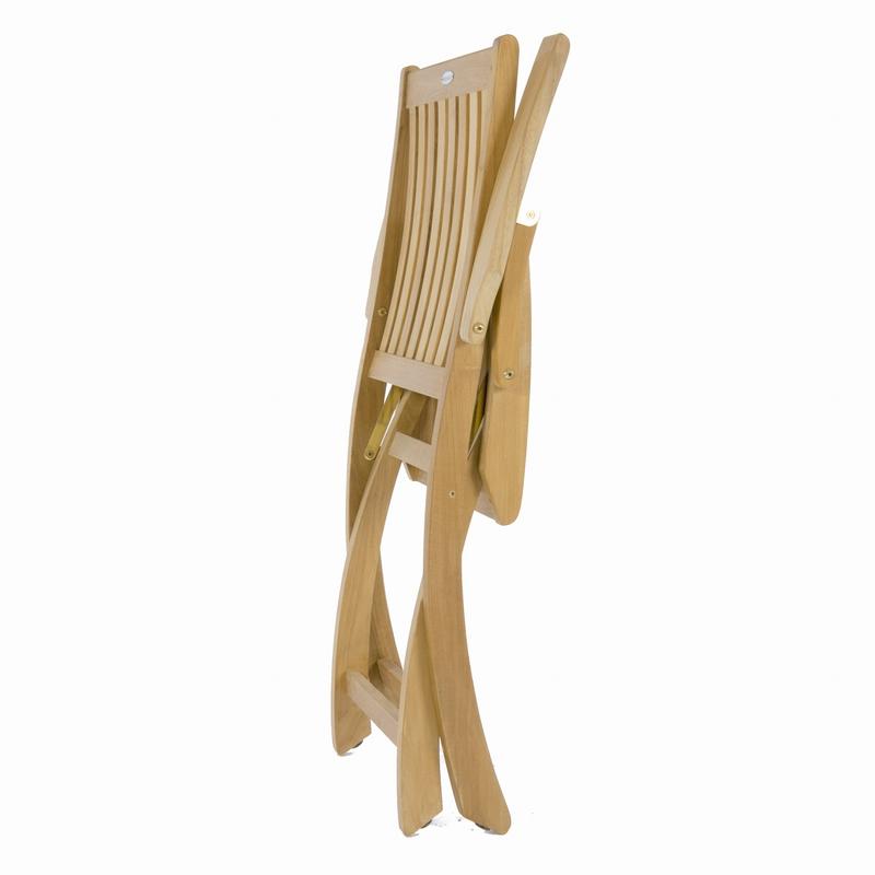 alt="12569S Barbuda Teak Recliner showing side angled view folded flat for storage on white background"