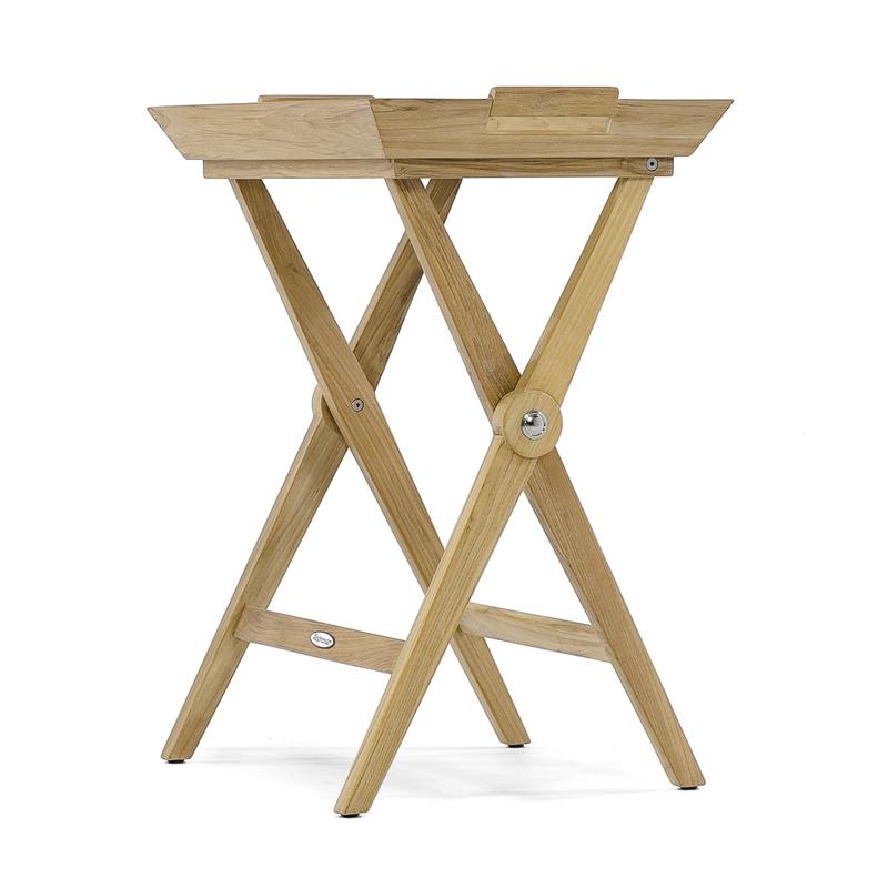 alt="17440 folding teak tray table side angled view on white background"