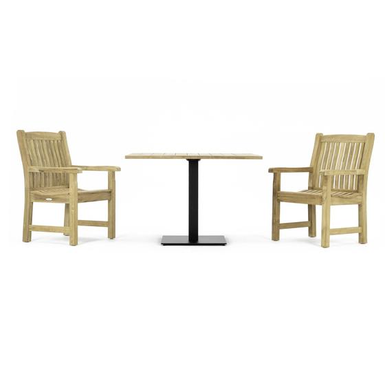 70219  Veranda 3 pc Teak Bistro Set of a Teak 42 Inch  Square Table and 2 Veranda Teak Dining Armchairs in side view on white background