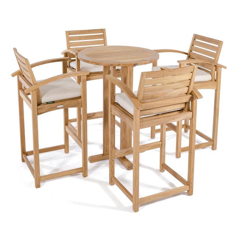alt="70249 Somerset 5 piece Bistro Bar Set of 4 teak barstools with optional cushions and a round 30 inch diameter bar table angled on a white background"