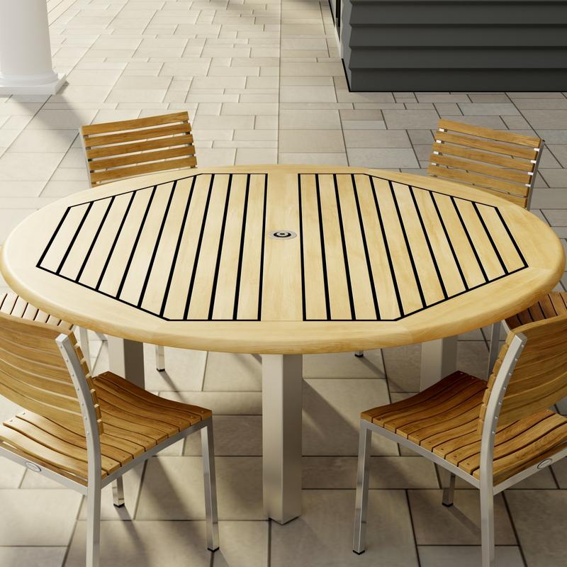 alt="70428 Vogue 7pc Round Dining Set showing closeup of Vogue 6 ft Round DIning Table and 6 Vogue Side Chairs in angled aerial view on tile patio pillar in background "