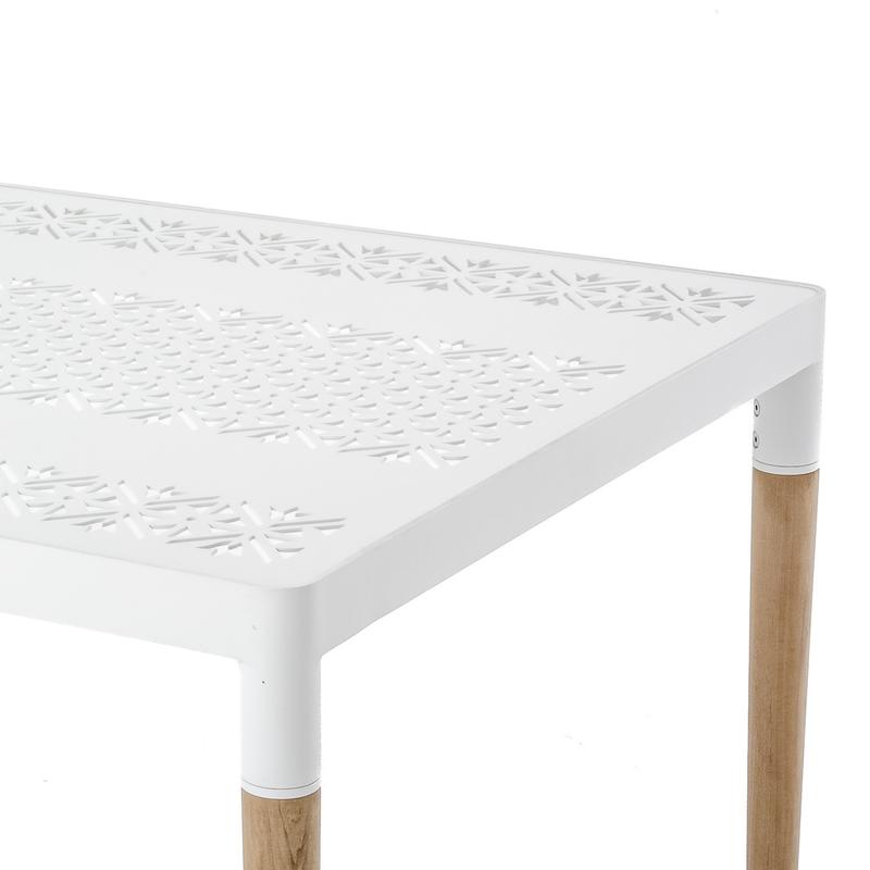 alt="70614 Bloom 32 inch square teak and powder coated aluminum dining table closeup partial corner view on white background"