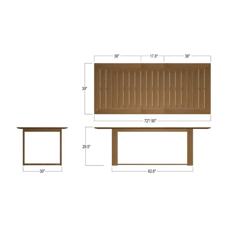 alt="15900 Horizon teak rectangular dining table showing autocad  of 2 sides and top on a white background"